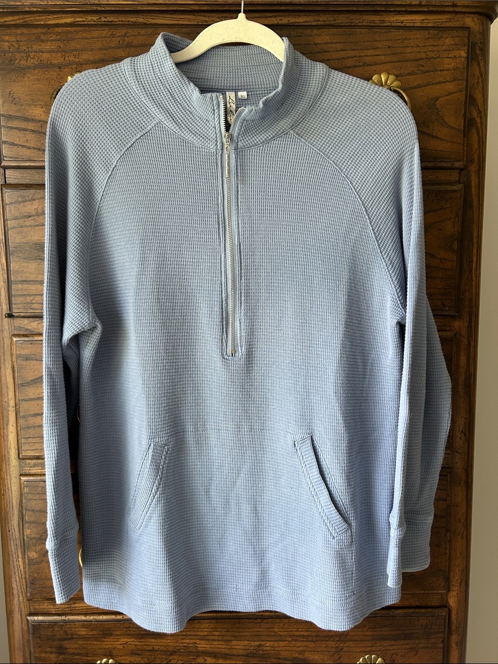 Women’s Lulu-B Cotton Light Blue Waffle Half-Zip Pullover, Size XL